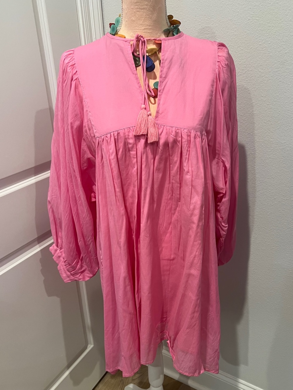 Mille Pink Tassel Tie Babydoll Mini Dress Large Resort Travel.  NOWT: Size L